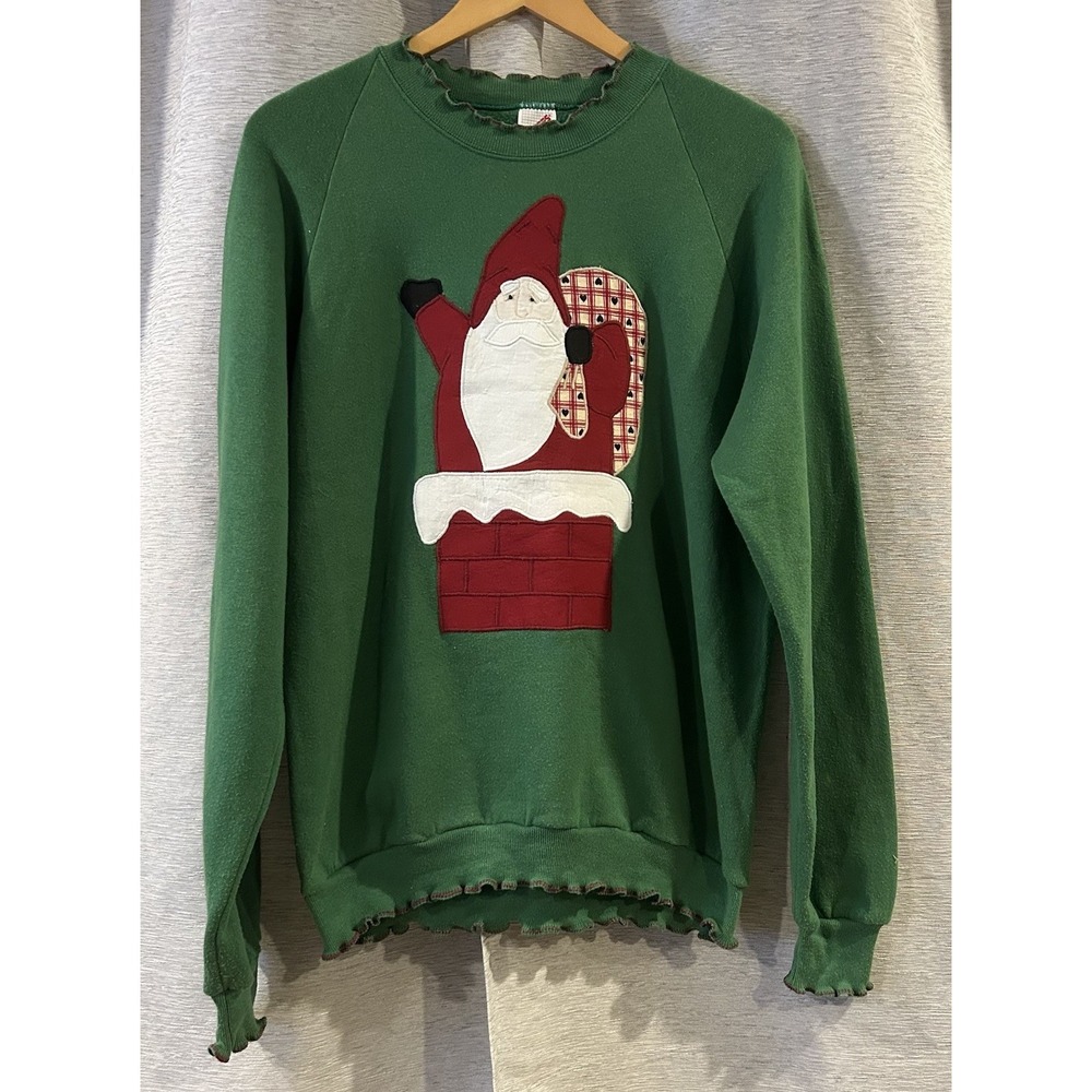 Vintage Jerzees 80's Ugly Christmas Sweatshirt Santa Green Sweater Size‎ Large